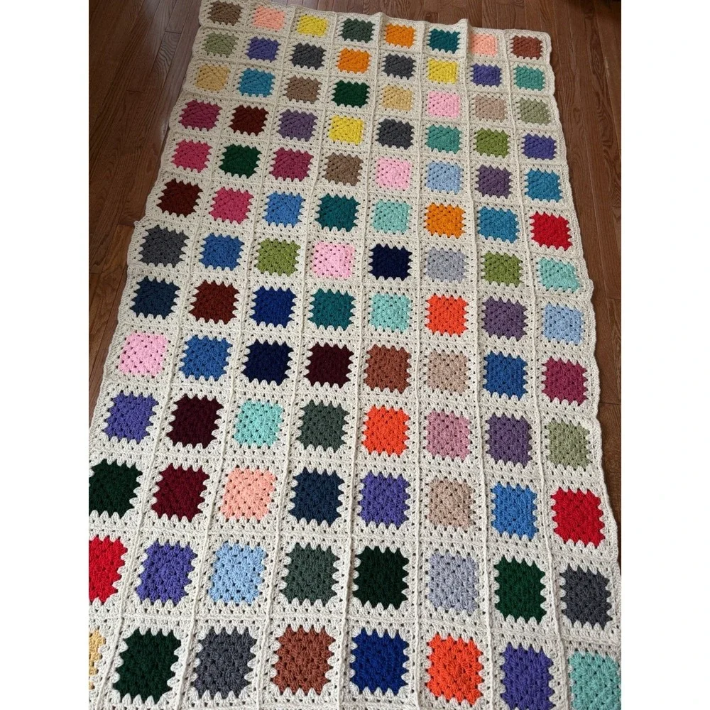 Vintage Large 52x93 Handmade Granny Square Afghan Multi Colorful Throw Blanket